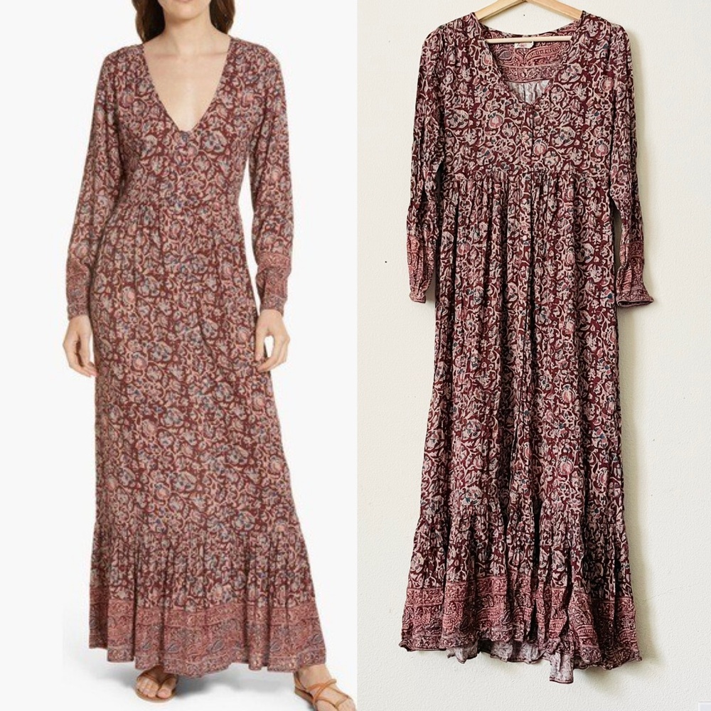 Faherty MEDIUM Toluca Tiered Long Sleeve Maxi Dress in Merlot floral print